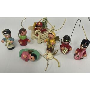Vintage Wooden Christmas Ornaments Children Music Approx 1.5" 1940s Taiwan *read